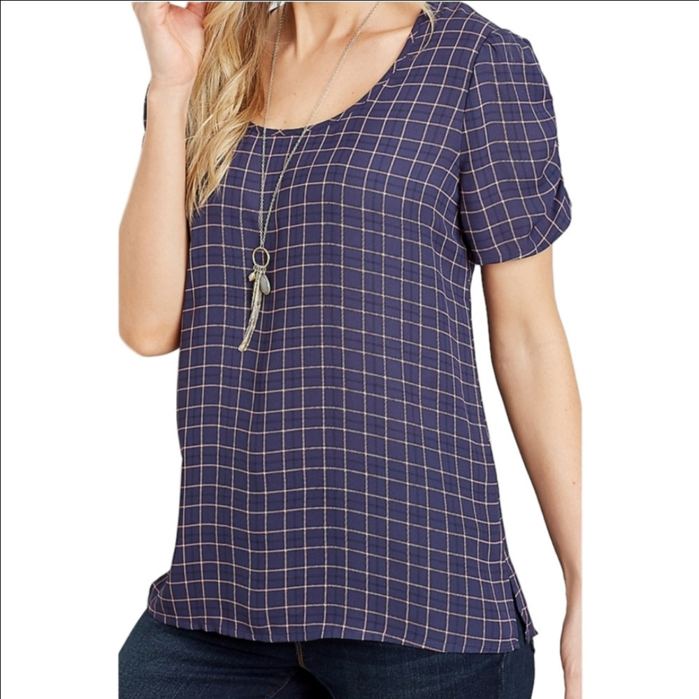 Maurices Round Neckline Ruched Sleeve Plaid Blouse Size M